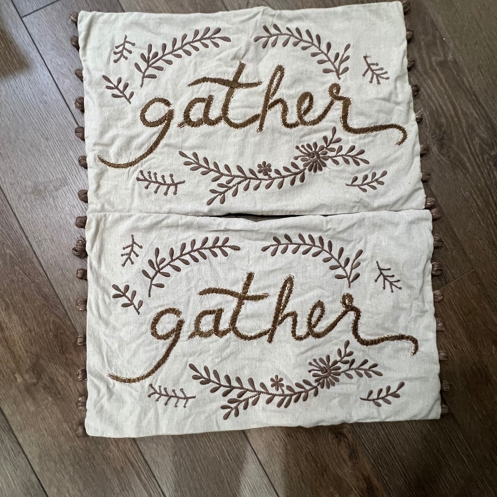 Pottery Barn Gather Embroidered 16" x 26" Lumbar Pillow Cover (2) Thanksgiving